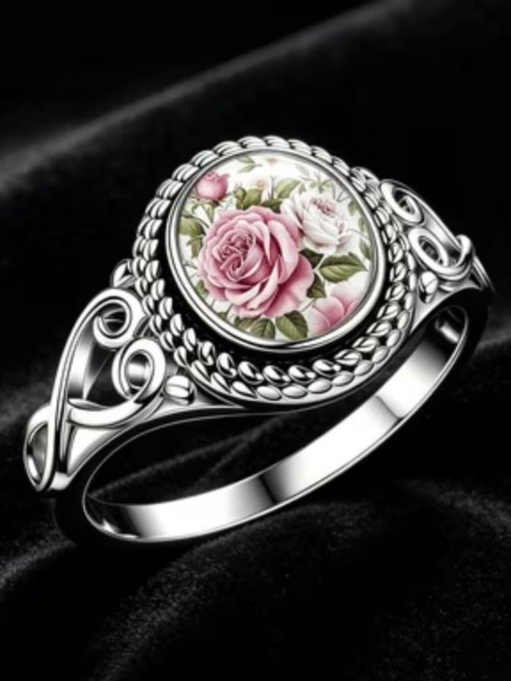 Silver PINK ROSES Ring Size 7